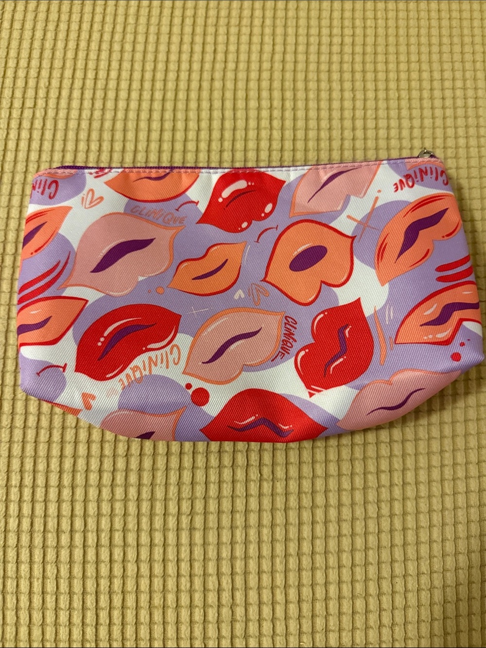 CLINIQUE Makeup Pouch - Pink Red Lip Print Cosmetic Bag